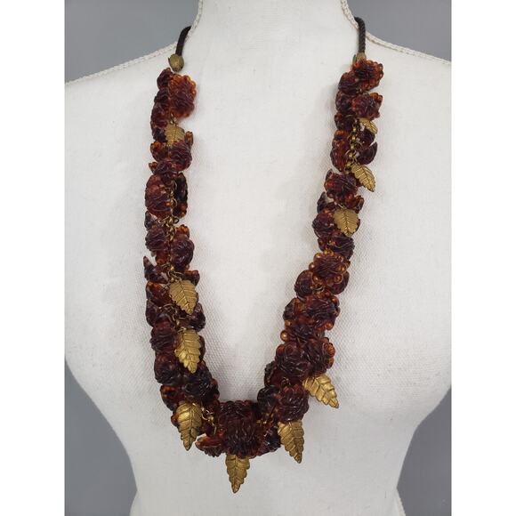 Vintage Celluloid Plastic Faux Tortoise Shell Leaf Flower Bloom Bead Necklace - Picture 9 of 9